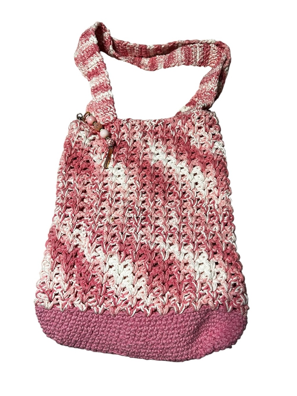 Handcrafted Pink Crochet Shoulder Bag with Bead Accent